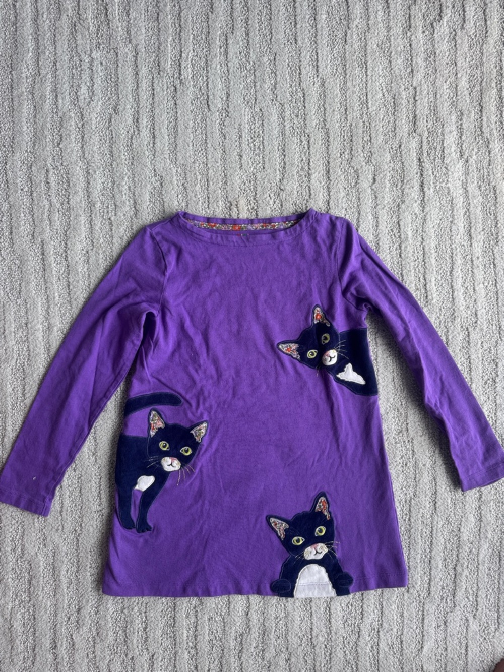 Mini Boden RARE Purple Long-Sleeve tunic with Tuxedo Cat Appliqués size 8-9